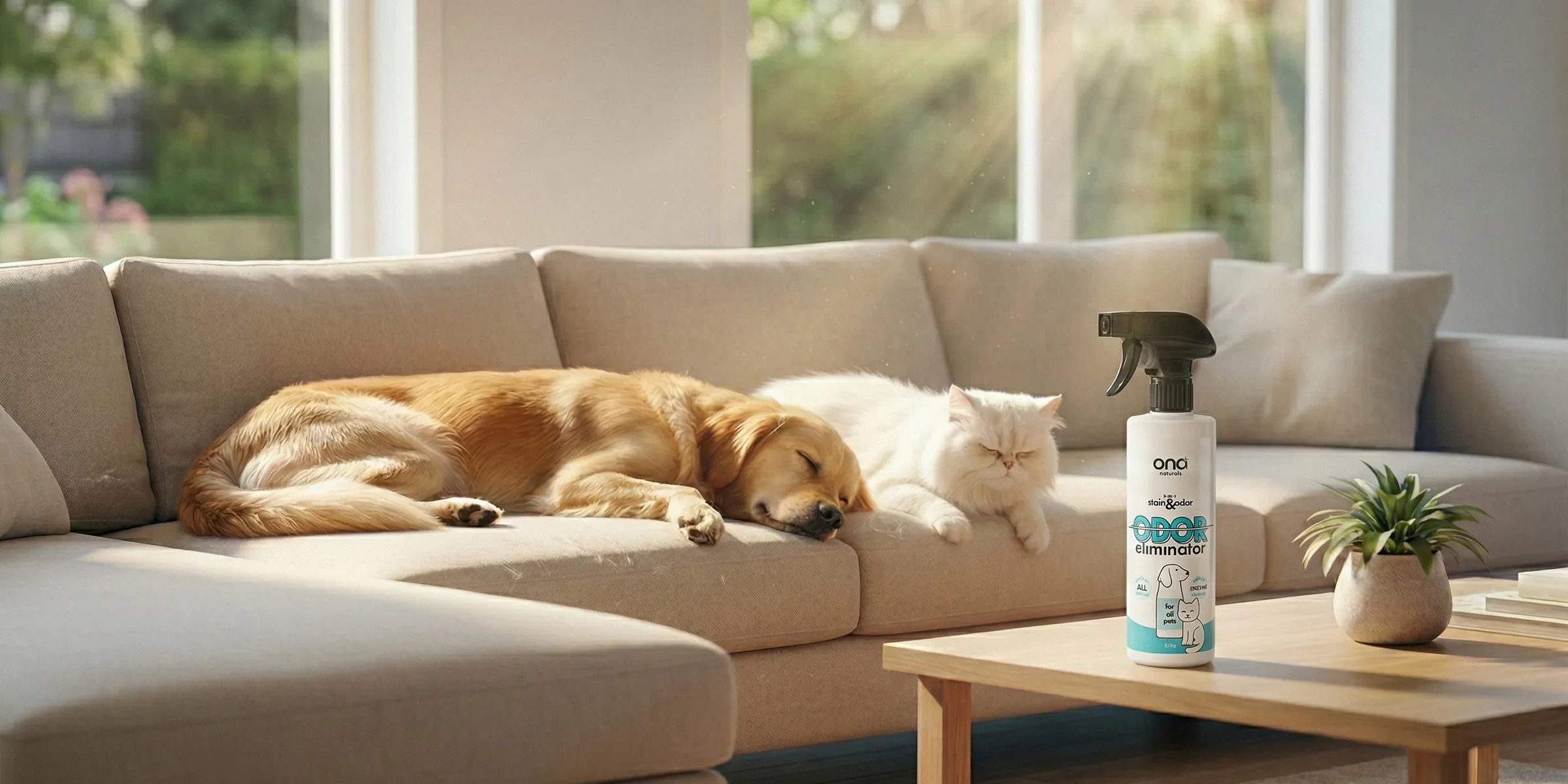 Golden retriever and white cat sleeping peacefully on a clean couch with Ona spray bottle