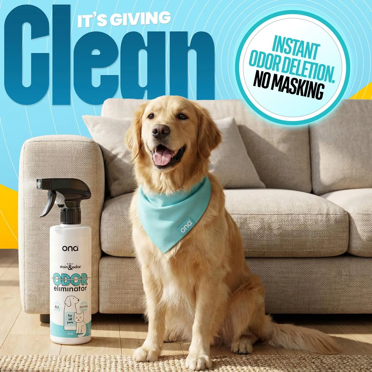 Happy golden retriever with teal Ona bandana sitting next to Ona pet odor eliminator