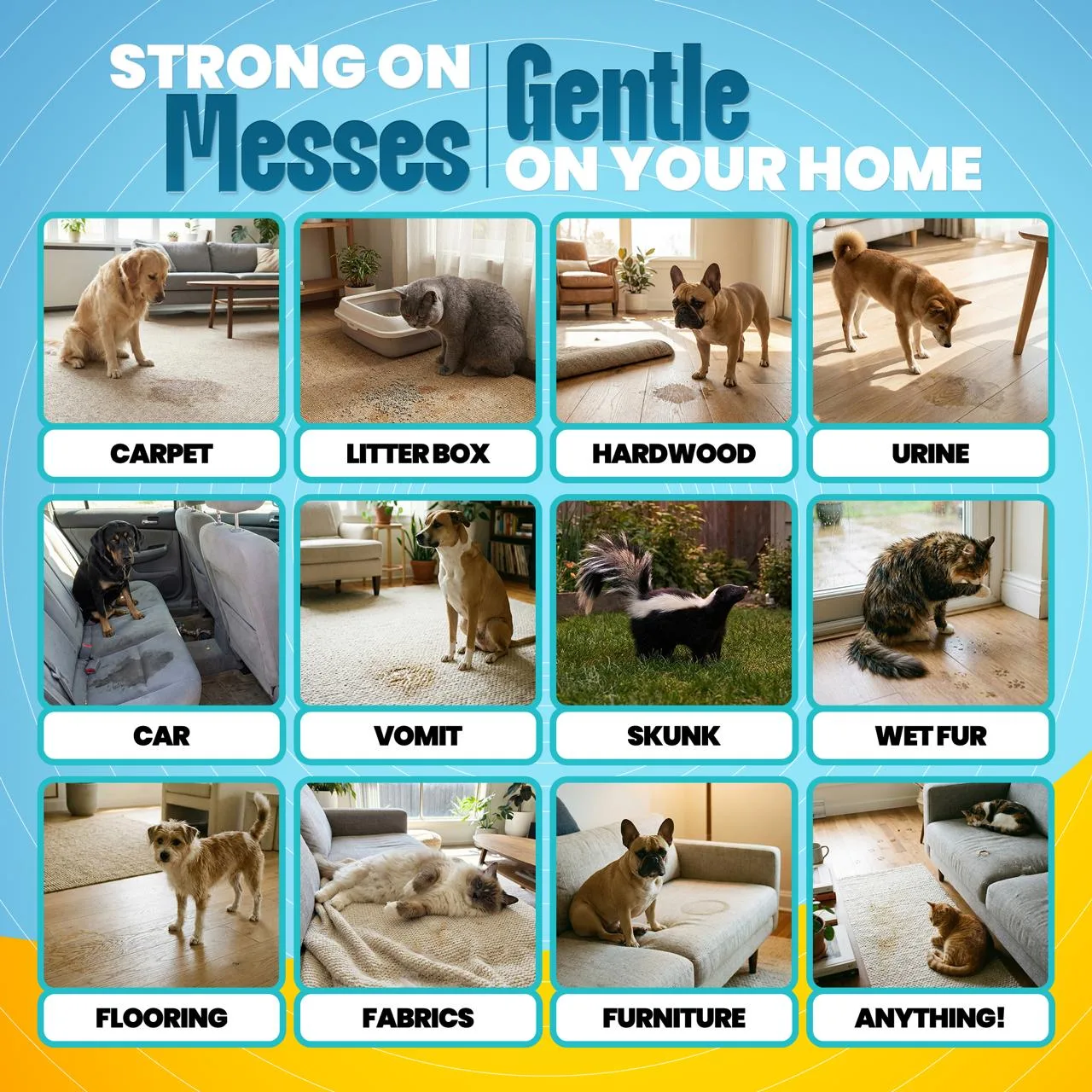 Ona works on all surfaces — carpet, litter box, hardwood, urine, car, vomit, skunk, wet fur, flooring, fabrics, furniture, anything